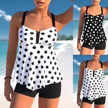 Новый купальник Танкини, комплект из 2 предметов. Обычный купальник, комплект из 2 предметов. Купальник с вейвлет-принтом в горошек. Спортивный купальник для отдыха на море. S-6XL. S чёрный