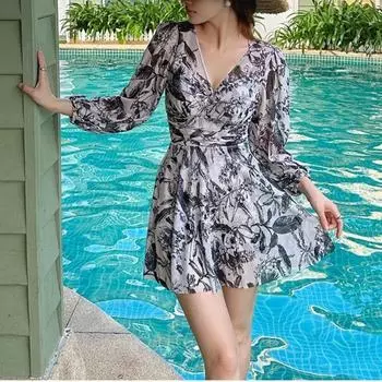 Новый купальник Y2k для пляжной вечеринки, платье большого размера с защитой от солнца, летнее, с высокой талией, модная дизайнерская одежда, повседневный цветочный принт M чёрный