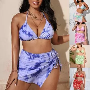 Новый купальник женский раздельный треугольный большой размер принтованный купальник из трех частей 0XL