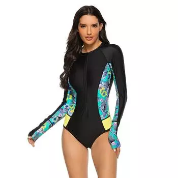 Новый купальный костюм для серфинга, цельный купальник с длинными рукавами и застежкой-молнией, женский костюм для сноркелинга, тонкий гидрокостюм с принтом S чёрный