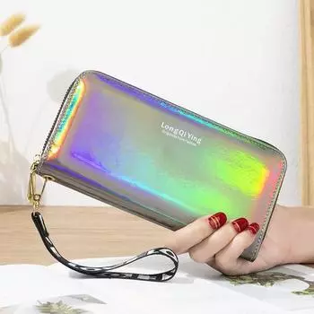 Новый лазерный голографический кошелек женский длинный кошелек из искусственной кожи модный женский клатч большой емкости на молнии кошельки телефон кошелек Carteras чёрный