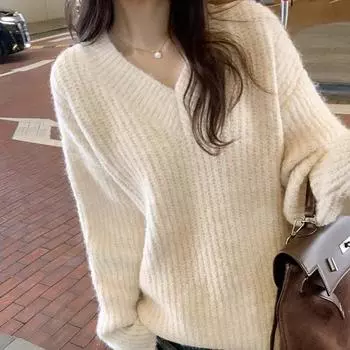 Новый ленивый свитер с V-образным вырезом для женщин, осень и зима, новый корейский стиль, утолщенный, мягкий и вощеный, универсальный нижний верх S