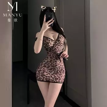 Новый леопардовый принт сексуальный веселый сексуальный кружевной халтер стальное кольцо сборка юбка на подтяжках One size fits all [80-60kg]