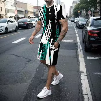 Новый летний 3D сращивание повседневный бег баскетбол спортивная одежда мужской костюм S