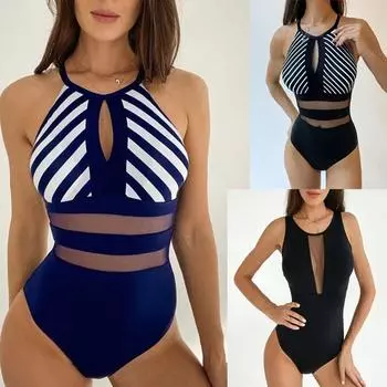 Новый летний цельный купальник в полоску с высоким воротом и большой открытой спиной, женские сексуальные пляжные купальники S