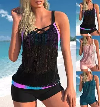 Новый летний комплект бикини на высокой резинке с полым дизайном, напечатанный на 3D-принте, комплект из двух частей для сексуального женского пляжного купальника S-6XL XXL чёрный