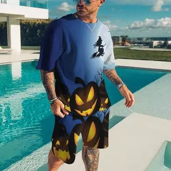 Новый летний комплект с 3d принтом тыквы и дьявола, удобный мужской наряд, комплект из 2 предметов для мужчин, спортивные костюмы, красочная одежда, удобный мужской комплект S