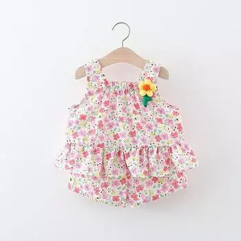 Новый летний комплект жилета с цветочным принтом для девочек, рубашка на бретельках, комплект одежды для маленьких девочек, комплект из 2 предметов с подтяжками в пасторальном стиле с цветочным принтом 73cm