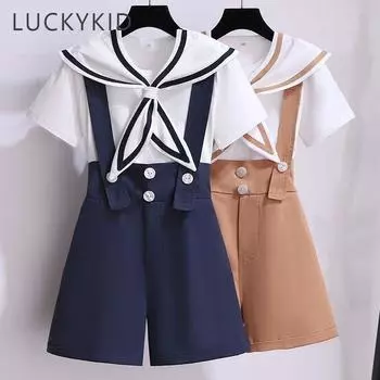 Новый летний костюм для девочек-подростков, рубашка с короткими рукавами и воротником-бабочкой + шорты на бретелях, детская одежда из 2 предметов, повседневные комплекты детской одежды для девочек 120