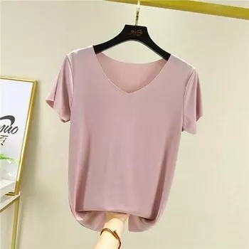 Новый летний купальник из двух частей Ice Silk: Топ с V-образным вырезом, короткими рукавами и драпированные повседневные широкие брюки single short sleeve, L лавандовый