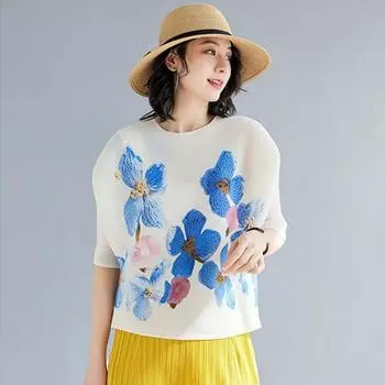 Новый летний мятый топ с принтом, свободная футболка с рукавами 3/4, элитная элегантная женская тонкая стильная футболка, уменьшающая возраст One Size белый
