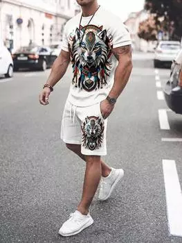 Новый летний мужской костюм, модная уличная повседневная мужская футболка с коротким рукавом, уличные повседневные удобные дышащие шорты с животным принтом 4XL
