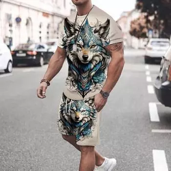 Новый летний мужской костюм, модная уличная повседневная мужская футболка с коротким рукавом, уличные повседневные удобные дышащие шорты с животным принтом 4XL