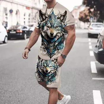 Новый летний мужской костюм, модная уличная повседневная мужская футболка с коротким рукавом, уличные повседневные удобные дышащие шорты с животным принтом S