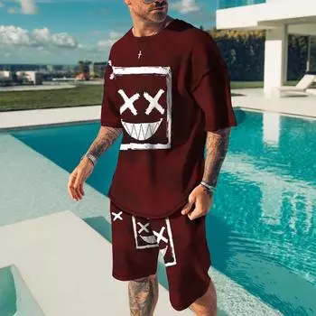 Новый летний мужской костюм со смайликом и 3D принтом, мужская одежда, спортивный костюм из 2 предметов, уличная футболка с короткими рукавами, спортивный костюм M