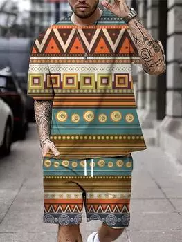 Новый летний мужской повседневный костюм, уличная повседневная мужская футболка с короткими рукавами, спортивные модные шорты на открытом воздухе с богемным принтом 5XL