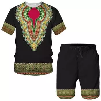 Новый летний мужской спортивный костюм с 3D африканским принтом, повседневная футболка/шорты/костюм, винтажный комплект из 2 предметов для пары, комплект спортивной одежды для мужчин и женщин S