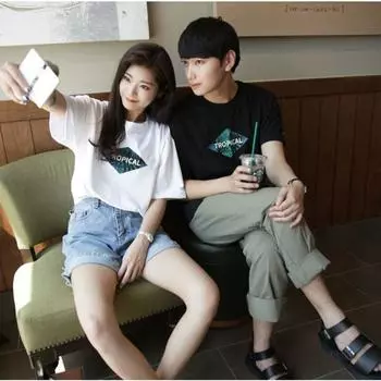 Новый летний наряд для пары, футболка с короткими рукавами и круглым вырезом для студентов, мужская и женская, свободная базовая рубашка в стиле Harajuku BF M чёрный