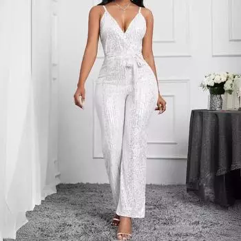 Новый летний однотонный женский комбинезон с V-образным вырезом на подтяжках и шнуровкой, с пайетками S белый
