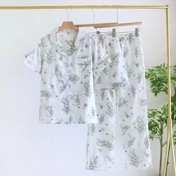 Новый летний пижамный комплект из трех предметов, 100% хлопок, пижама с короткими рукавами + шорты + длинные брюки, тонкий милый комплект для обустройства дома M