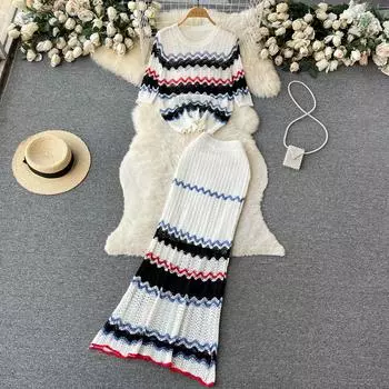 Новый летний пляжный праздничный вязаный свитер, костюм из двух частей, свободный пуловер, футболка + длинная макси-юбка-карандаш, повседневные комплекты с эластичной резинкой на талии в полоску One Size белый