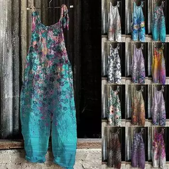 Новый летний повседневный свободный женский комбинезон с высокой талией и цветочным принтом для отдыха, винтажный комбинезон с куполом L синий