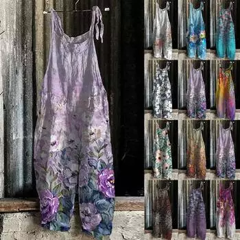 Новый летний повседневный свободный женский комбинезон с высокой талией и цветочным принтом для отдыха, винтажный комбинезон с куполом L синий