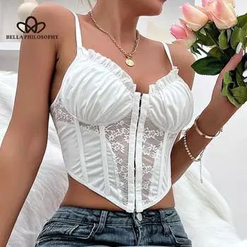 Новый летний простой сексуальный сексуальный высококачественный кружевной плиссированный короткий топ с рыбьей косточкой и ушей во французском стиле S белый