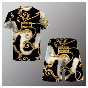 Новый летний роскошный комплект футболок с цифровым принтом и цепочкой, повседневные рукава и шорты, комплект из двух предметов большого размера S