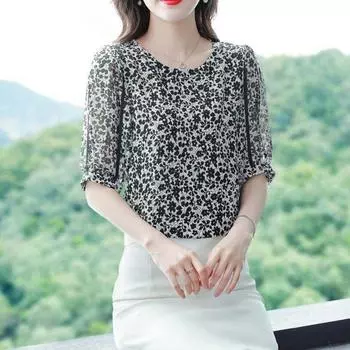 Новый летний шифоновый топ с короткими рукавами, женская свободная футболка с цветочным принтом, модная блузка для мам с круглым воротником, M-4XL 4XL чёрный