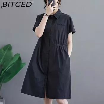 Новый летний свободный литературный свободный возрастной кардиган с белым воротником и короткими рукавами, платье-рубашка средней длины средней длины L чёрный