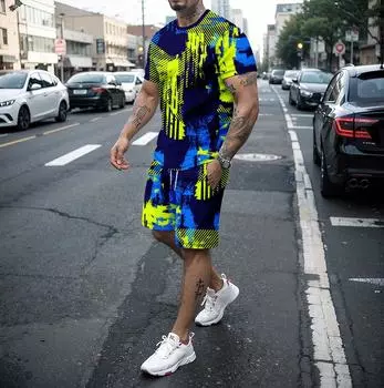 Новый летний свободный мужской комплект 3D в стиле ретро, повседневный топ с короткими рукавами, футболка и шорты, комплект из двух предметов, спортивная одежда, молодежная уличная одежда XL