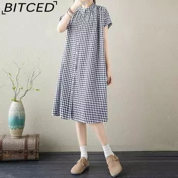 Новый летний тонкий срез с открытыми плечами и литературными короткими рукавами, свободный воротник-стойка, плиссированный тонкий кардиган, клетчатое платье-рубашка M белый/чёрный