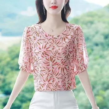 Новый летний топ с короткими рукавами и принтом, модная шифоновая рубашка для мамы, блузка с круглым воротником, M-5XL L розовый