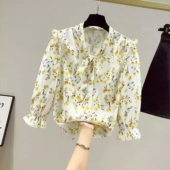 Новый летний топ с рукавами 3/4, женская шифоновая рубашка с воротником-шарфом и бантом, блузка с цветочным принтом, S-3XL XXXL жёлтый