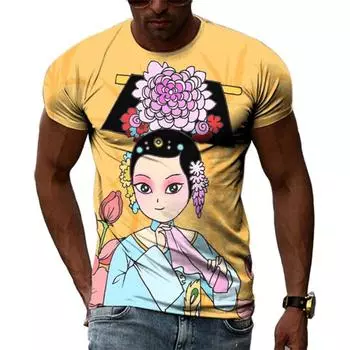 Новый летний тренд, мужские футболки с изображением маски Пекинской оперы, повседневные футболки в стиле хип-хоп с 3D-принтом, свободные футболки с коротким рукавом и круглым вырезом S