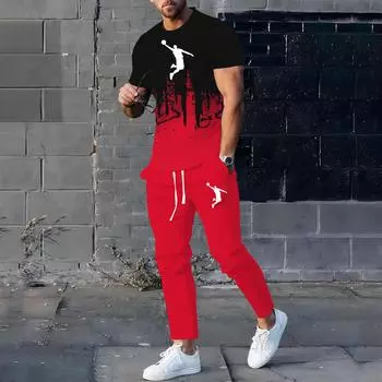 Новый летний тренд, мужской модный костюм для фитнеса с 3D-печатью, повседневный спортивный костюм, футболка с короткими рукавами + брюки, комплект из 2 предметов S