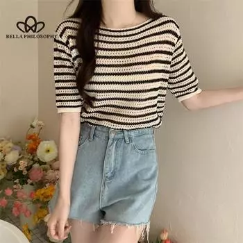 Новый летний вязаный топ в полоску с короткими рукавами, универсальная тонкая футболка, женская модная повседневная футболка one size