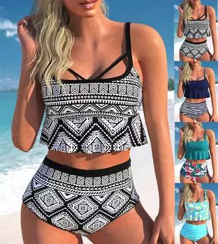 Новый летний высокоэластичный комплект бикини с черно-белым узором и принтом, комплект из двух предметов для сексуальной женской пляжной одежды S-5XL XL чёрный
