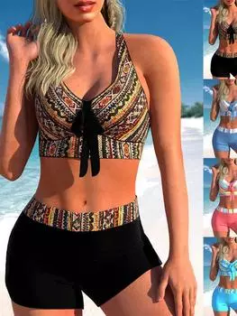 Новый летний высокоэластичный комплект бикини с винтажным принтом, комплект из двух предметов, сексуальный женский топ на шнуровке, пляжный купальник, S-5XL S коричневый