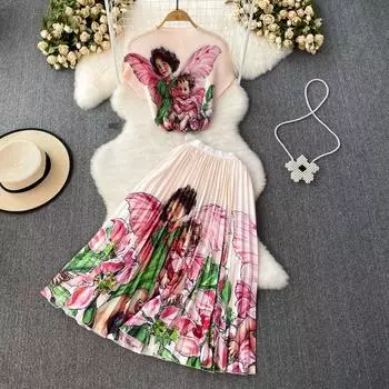 Новый летний женский брендовый дизайнерский комплект с эластичной складкой и принтом из двух предметов, модная верхняя блузка с короткими рукавами и длинная плиссированная юбка-миди, наряды S фиолетовый