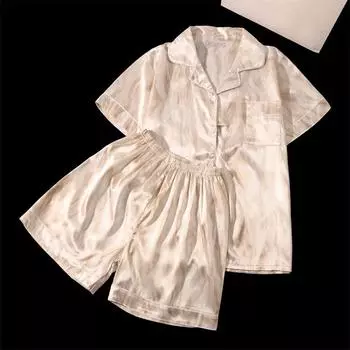 Новый летний женский комплект из двух частей из искусственного шелка, повседневный комплект с коротким рукавом и шортами, простая геометрическая пижама, домашний костюм XXL