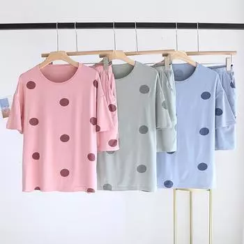 Новый летний женский комплект из двух предметов с короткими рукавами и шортами из 100% хлопка, трикотажный тонкий срез в горошек, женский комплект домашней одежды M розовый