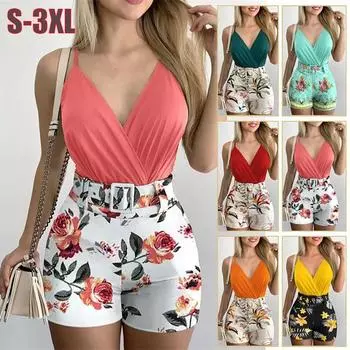 Новый летний женский комплект с принтом и поясом, модный слинг с v-образным вырезом и шорты, комплект из 2 предметов, повседневный женский пляжный костюм размера плюс S-3XL 3XL красный