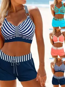 Новый летний женский купальник танкини и шорты с золотым принтом в полоску, кружевной сексуальный пляжный комплект S-6XL 3XL темно-синий
