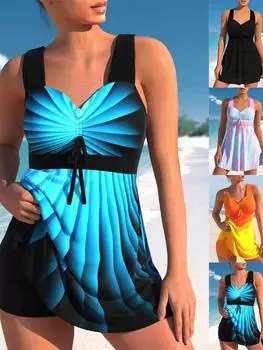 Новый летний женский купальник-танкини и шорты с принтом синего ореола, двухсекционный купальник на шнуровке, сексуальный пляжный комплект S-6XL S