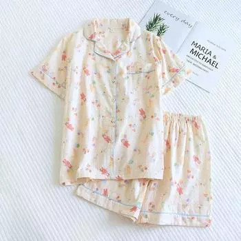 Новый летний женский пижамный комплект из 100% хлопка с короткими рукавами, шорты, комплект из двух предметов, милый тонкий домашний комплект с лацканами и рисунком из мультфильма M бежевый