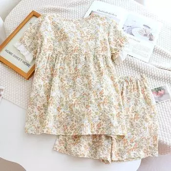 Новый летний женский пижамный комплект из 100% хлопка с V-образным вырезом и короткими рукавами, шорты из двух частей M