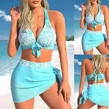 Новый летний женский синий купальник с цветочным принтом на берегу моря, состоящий из двух частей, с открытой сексуальной пляжной юбкой на шнуровке S-5XL 2XL