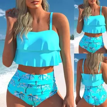 Новый летний женский синий винтажный кружевной топ в форме лотоса с принтом кокосовой пальмы, сексуальный и модный пляжный купальник для отдыха, S-5XL S синий